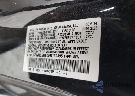 2014 Honda Odyssey Ex-L from USA, damaged, VIN 5FNRL5H64EB120395